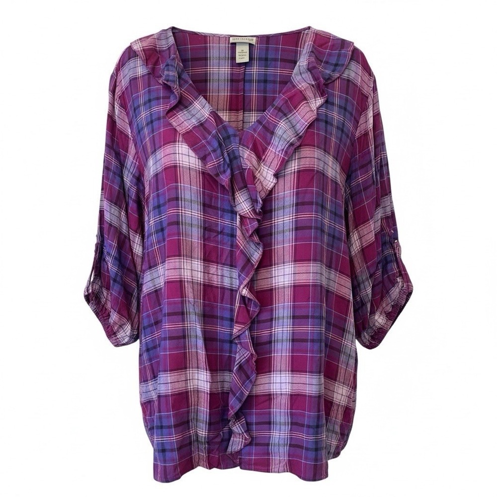 Women's Catherine's Plaid Lightweight Purple Ruffle Front Button Down 5X Preppy